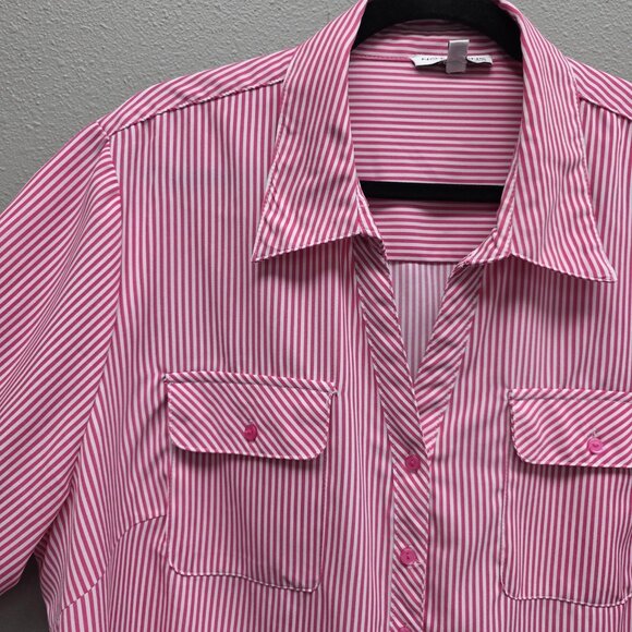 Notations Shirt Womens 2X Pink White Stripe Button Front Roll Tab Sleeves Blouse - Picture 2 of 10